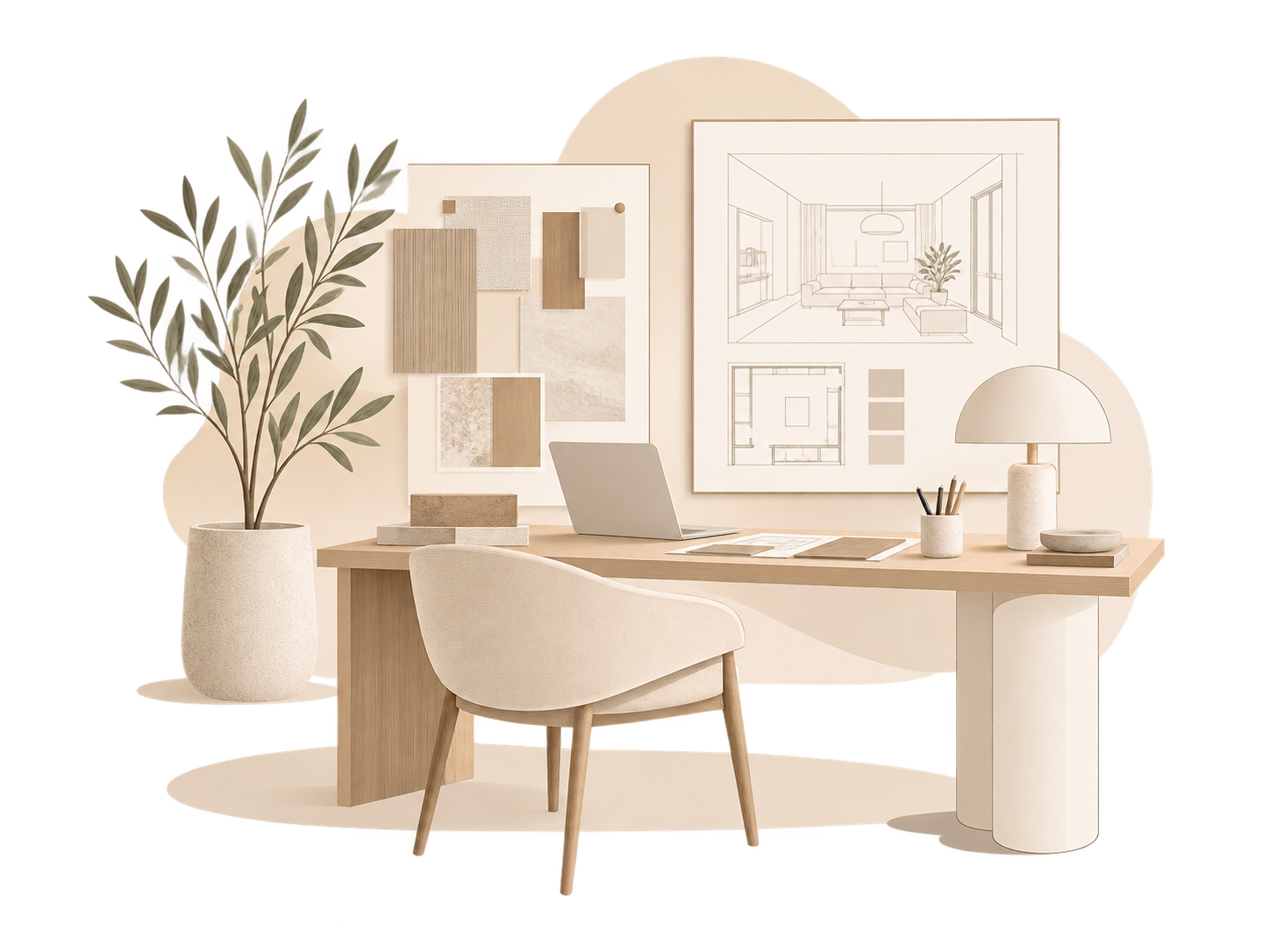 Ilustración de estudio de interiorismo con escritorio, planos, muestras de materiales y vegetación