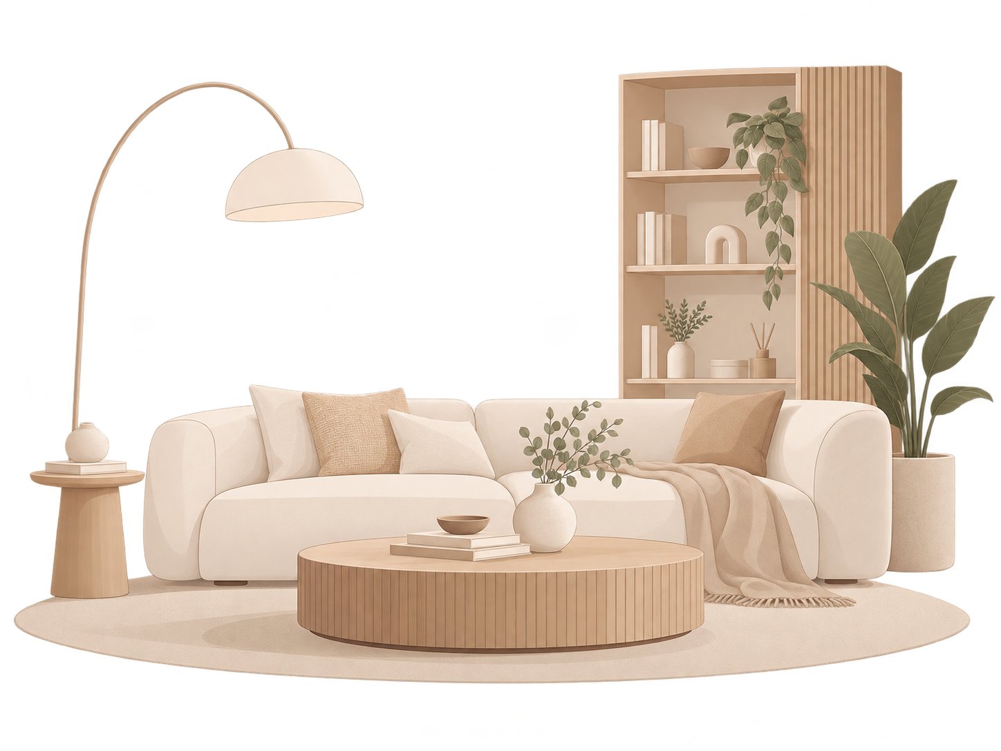 Ilustración de sala contemporánea con mobiliario en tonos cálidos y madera