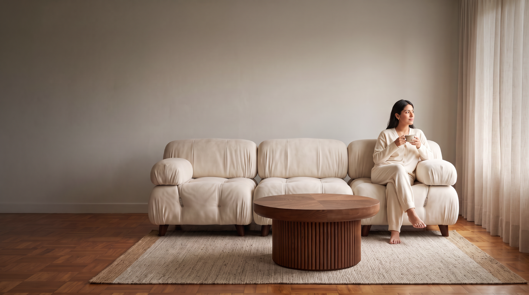 Escena conceptual de sala con muebles de madera y pared terracota
